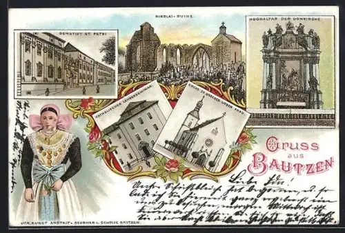 Lithographie Bautzen, Katholisches Lehrerseminar, Domstift St. Petri, Nikolai-Ruine