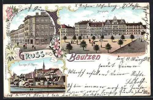 Lithographie Bautzen a. d. Spree, Cigarren-Geschäft Schmidt, Holzmarkt