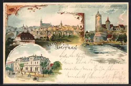 Lithographie Bautzen, Restaurant Neu-Texas, Wasserwerk