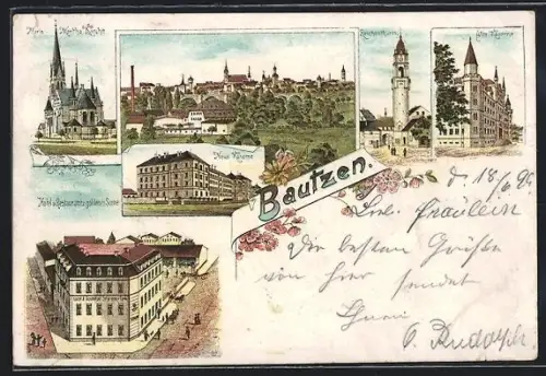 Lithographie Bautzen, Gasthaus Zur goldenen Sonne, Neue Kaserne, Reichenturm