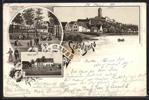 Vorläufer-Lithographie Schönburg / Naumburg, 1894, Gasthaus Neue Welt, Inneres der Burg