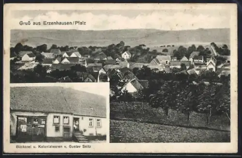 AK Erzenhausen /Pfalz, Bäckerei von Gustav Seltz, Ortsansicht aus der Vogelschau