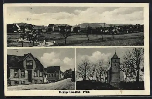 AK Heiligenmoschel /Pfalz, Strassenpartie, Kirche und Panorama
