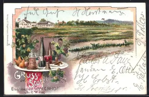 Lithographie Stotel, Gasthaus Gravenhof, Bes. C. W. Lies, Ortsansicht