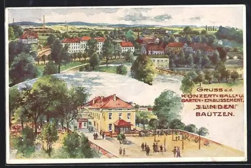 Lithographie Bautzen, Gasthof und Konzertsaal 3 Linden, Panorama