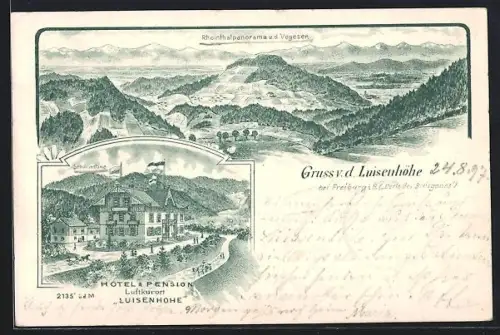 Lithographie Freiburg i. B., Hotel und Pension Luisenhöhe mit Rheintalpanorama