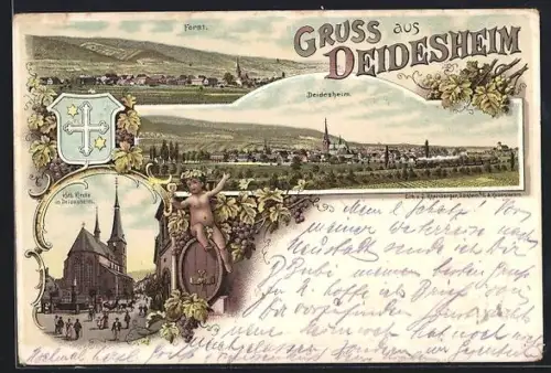 Lithographie Deidesheim, Kath. Kirche, Totalansicht, Wappen