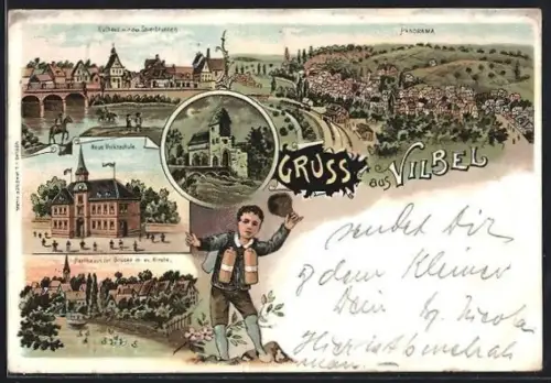 Lithographie Bad Vilbel, Rathaus mit den Sauerbrunnen, Neue Volksschule, Partie von der Brücke mit Ev. Kirche