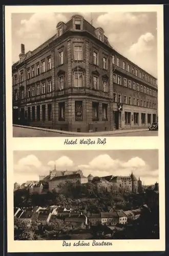 AK Bautzen, Hotel Weisses Ross W. Lindner mit Strasse, Totalansicht mit Festung