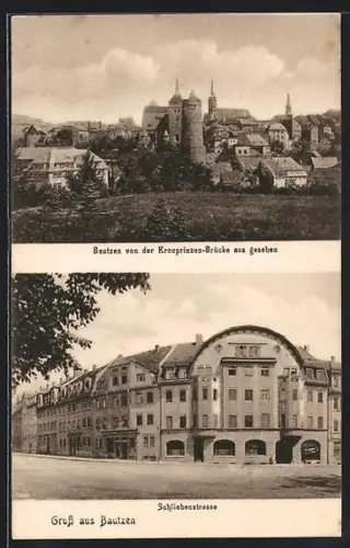 AK Bautzen, Gebäude in der Schliebenstrasse, Blick von der Kronprinzen-Brücke auf die Stadt