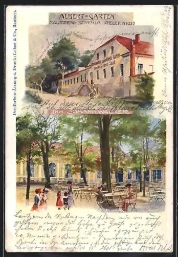 Lithographie Bautzen-Strehla, Gasthof Albert-Garten mit Gästebereich