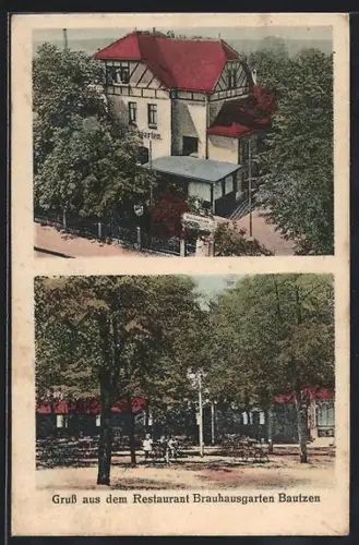 AK Bautzen, Restaurant Brauhausgarten mit Grünanlagen
