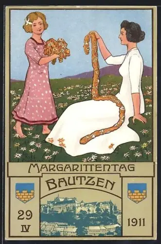 Künstler-AK Bautzen, Margarittentag 1911, Frau und junges Mädchen sammeln auf einem Feld Blumen