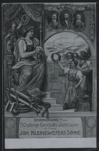 Künstler-AK Krefeld, 50-jähriges Jubiläum der Firma Joh. Kleinewefers Sohne 1912, Arbeiter überreichen Kränze