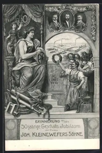 Künstler-AK Krefeld, 50-jähriges Jubiläum der Firma Joh. Kleinewefers Sohne 1912, Arbeiter mit Eichenkränzen