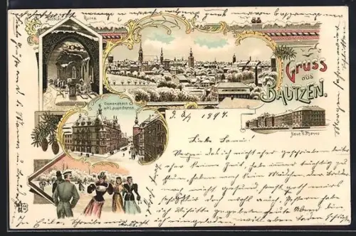 Winter-Lithographie Bautzen, Ortspartie im Winter, Nicolai-Ruine, Gewandhaus mit Lauenstrasse