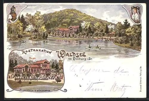 Lithographie Freiburg / Breisgau, Restaurant Waldsee von E. Schlachter