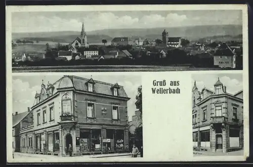 AK Weilerbach /Pfalz, Manufakturen und Massgeschäft Franz Jung, Ortsansicht mit Kirche