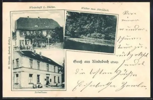 AK Kindsbach / Kaiserslautern, Gasthaus L. Müller, Schulhaus, Weiher zum Bärenloch