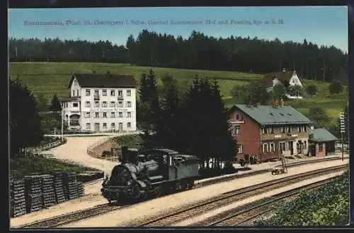 AK Sommerau / St. Georgen, Gasthof-Pension Sommerauer Hof, Bahnhof, Dampflok