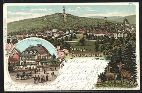Lithographie Falkenstein i. Taunus, Gasthaus Frankfurt Hof, Blick auf den Ort