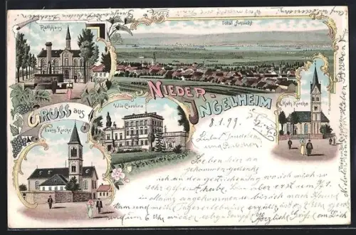 Lithographie Nieder-Ingelheim, Restauration z. Bahnhof v. Robert Pitzer, Bahnhof, Villa Carolina, Rathaus, Totalansicht