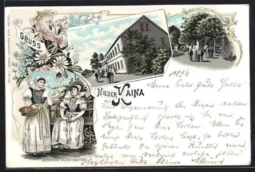 Lithographie Niederkaina, Gasthaus mit Garten, Frauen in wendischen Trachten