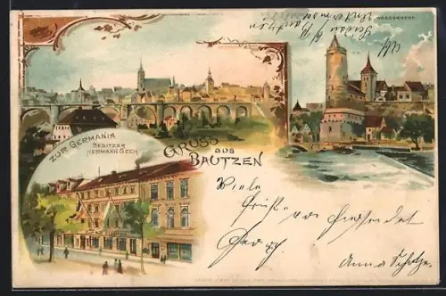 Lithographie Bautzen, Ortsansicht mit Viadukt, Gasthaus zur Germania