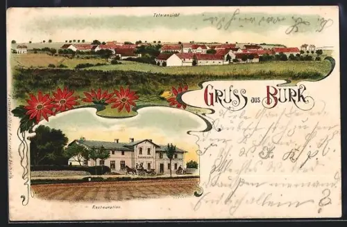 Lithographie Burk / Bautzen, Gasthaus Schänke zur Burk, Panoramaansicht des Ortes