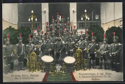 AK Bautzen, Trompeterkorps d. kgl. Sächs. 3. Husaren-Regiments Nr. 20, Kronen-Säle v. B. Bommersheim