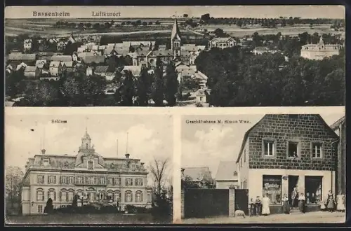 AK Bassenheim, Geschäft M. Simon Wwe., Blick zum Schloss, Ortsansicht mit Kirche