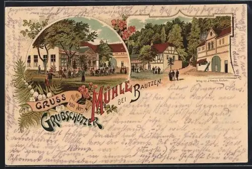 Lithographie Bautzen, Gasthaus Grubschützer Mühle