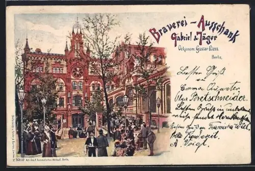 Lithographie Berlin, Gasthaus-Brauerei-Ausschank Gabriel & Jäger v. G. Kloss, Zehdenicker Strasse 10