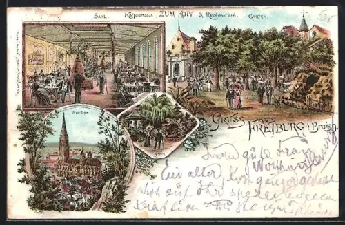 Lithographie Freiburg / Breisgau, Kaffeehaus u. Restaurant Zum Kopf, Aussen- u. Innenansicht, Münster