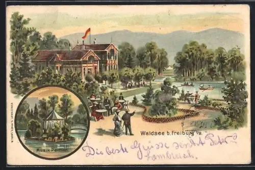 Lithographie Freiburg / Breisgau, Gasthaus Waldsee mit Gartenlokal, Musikpavillon, Ruderboote