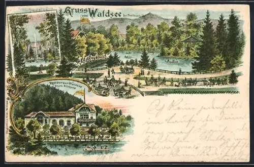 Lithographie Freiburg / Breisgau, Restaurant zum Waldsee D. Eckerle mit Garten und See