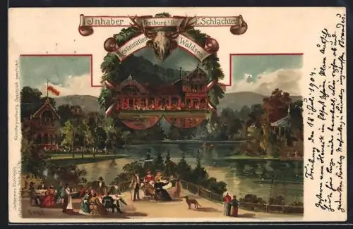 Lithographie Freiburg / Breisgau, Restauration Waldsee, Inh. E. Schlachter