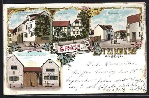 Lithographie Steinberg / Giessen, Gasthaus zur Krone und zur goldnen Nuss, Hess-Mühle, Hauptstrasse