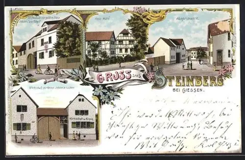 Lithographie Steinberg / Giessen, Gasthaus zur goldnen Nuss, Gasthof zur Krone, Hess-Mühle, Hauptstrasse