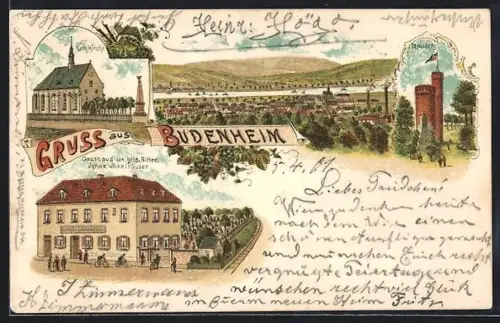 Lithographie Budenheim, Gasthaus zum gold. Ritter, Ignaz Unkelhäuser, Kath. Kirche, Leniaberg