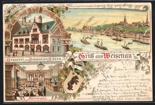 Lithographie Weisenau a/Rh, Brauerei zum Schwarzen Bären, Biersaal