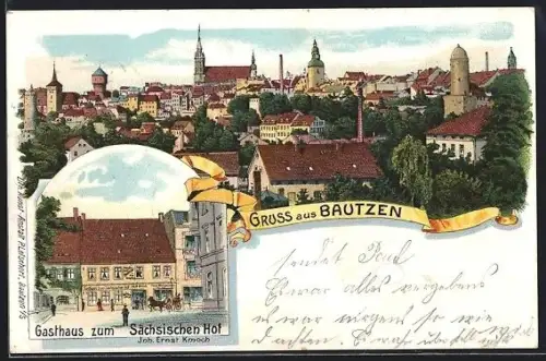 Lithographie Bautzen, Totalansicht, Gasthaus zum Sächs. Hof
