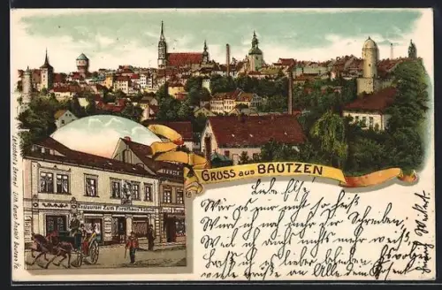 Lithographie Bautzen, Restaurant zum Forsthaus von H. Schmidt, Ortsansicht mit Kirche und Türmen