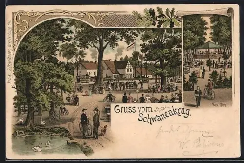 Lithographie Schönwalde-Glien, Ansicht vom Gasthaus Schwanenkrug, Pavillon