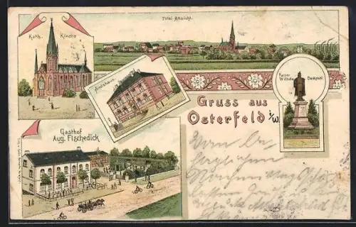 Lithographie Osterfeld i. W., Gasthof Aug. Fischedick, Kath. Kirche, Amtshaus, Totalansicht des Ortes