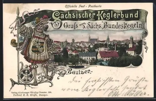 Lithographie Bautzen, Fest-Postkarte Sächsischer Keglerbund, 5. Sächs. Bundeskegeln, Ortsansicht mit Kirche und Türmen