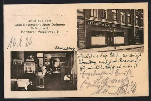 AK Hannover, Cafe-Restaurant Jean Dahmen, Rudolf Nachf., Volgersweg 3, Aussen- und Innenansicht