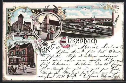 Lithographie Enkenbach, Totalansicht, Klosterkirche, Hotel Bahnhof