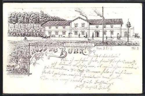 Lithographie Burk / Bautzen, Frontalansicht der Restauration zu Burk