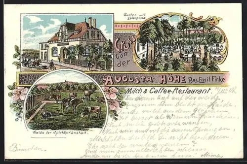 Lithographie Bremen, Gasthof Augusta Höhe, Bes. Emil Finke, Garten mit Spielplatz, Weide der Milchkuranstalt